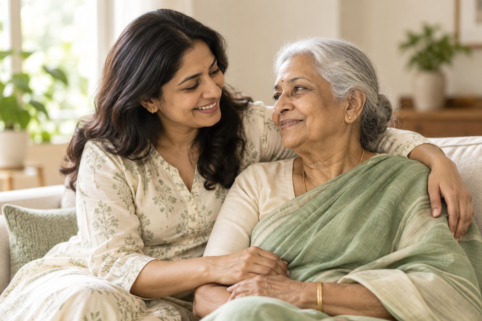 Illustrative family caregiving scene: a daughter with her mother