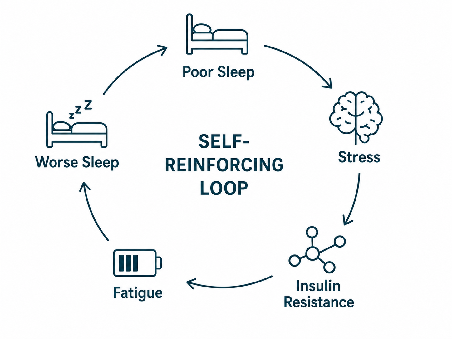 Self-reinforcing loop: poor sleep, stress, insulin resistance, fatigue, worse sleep
